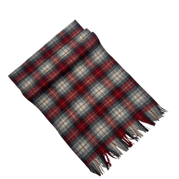 Pendleton Vintage 60s Wool Plaid Neck Scarf Fringe Red Gray 11.5 x 52 - Picture 1 of 5